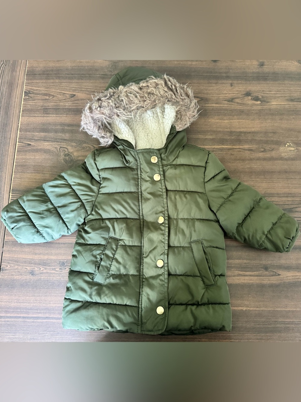 Old Navy Olive Green Sherpa-Lined Hooded Puffer Jacket with Faux Fur Trim